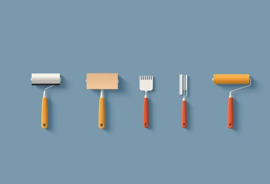 Outils de peinture disposés dans l'ordre des étapes du chantier