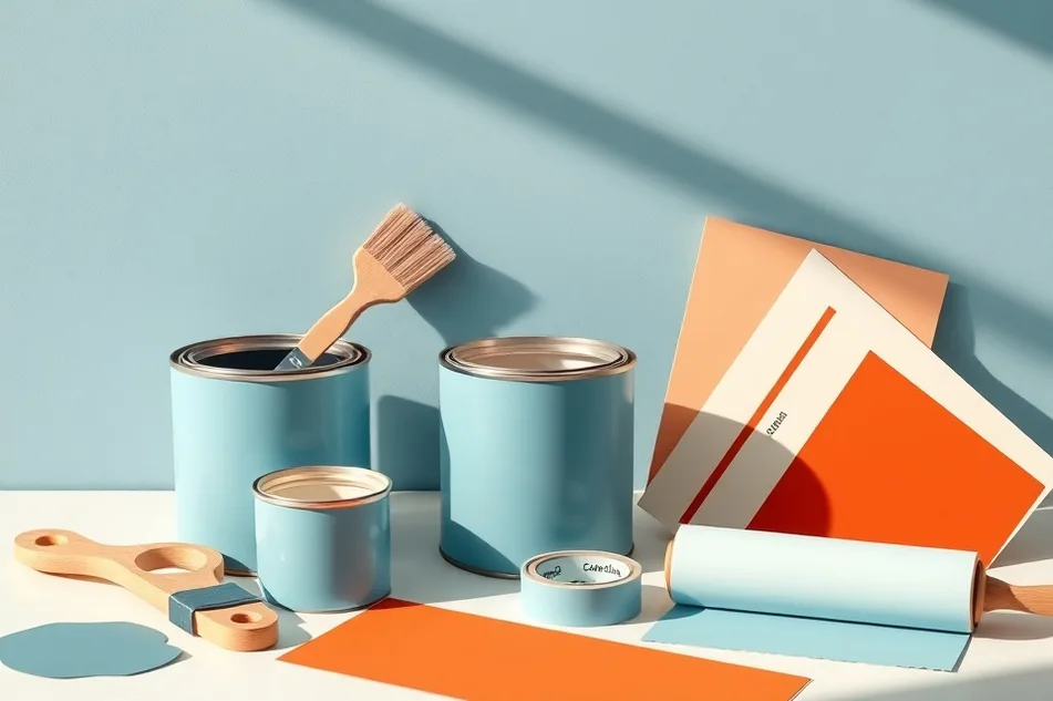 Pots de peinture, nuancier, brosses et rouleaux disposés à plat