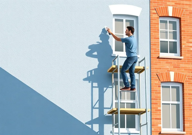 Peintre sur échafaudage traitant la façade d'une maison