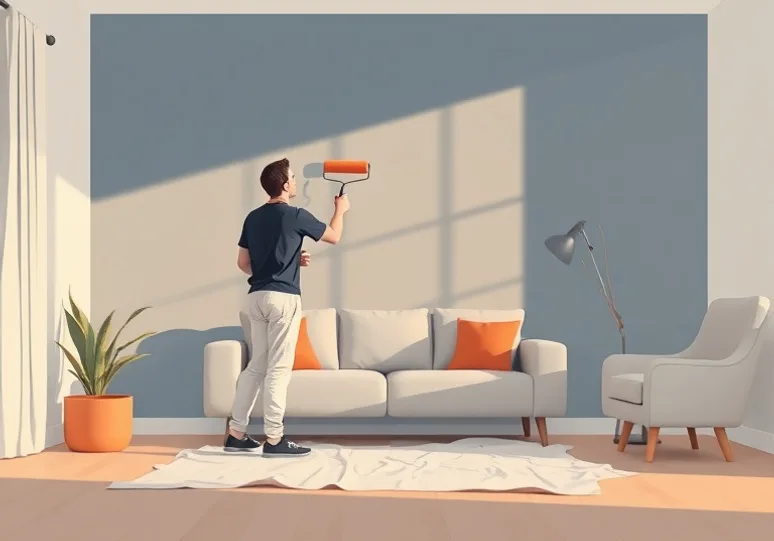 Peintre appliquant la peinture au rouleau sur un mur de salon